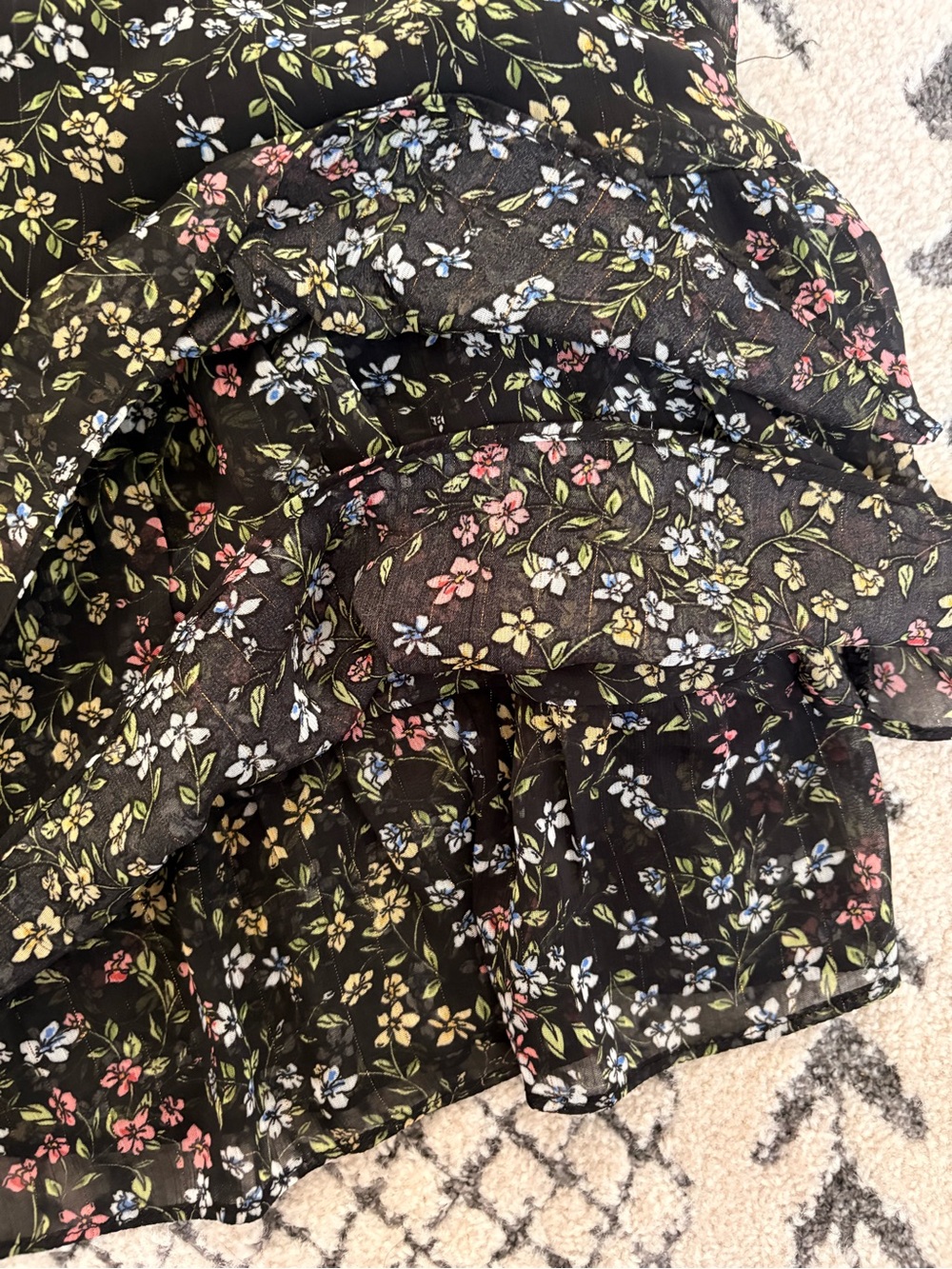 Vintage Black Floral Mini Skirt - Lightweight Ruffle Hem - Picture 4 of 6
